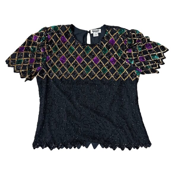Vintage Sequin Beaded Top Large Black Purple Green Mardi Gras 1990s Shirt Fancy - Picture 2 of 10